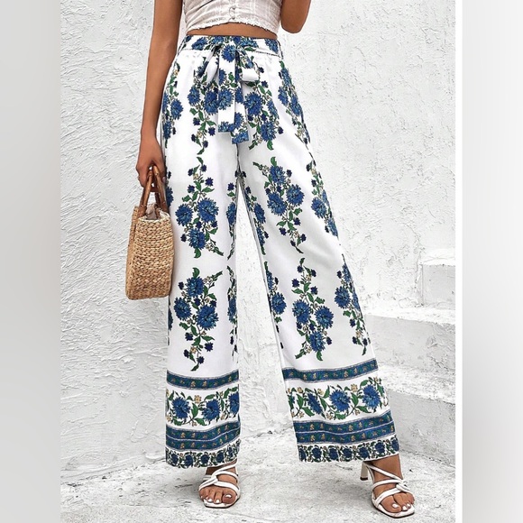 Pants - White/Blue Floral Print Belted Wide Leg Pants